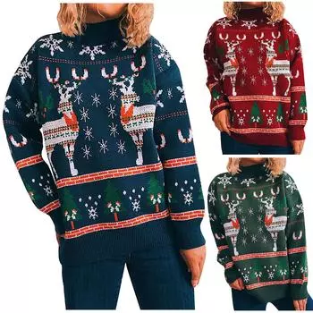 Женская свободная трикотажная блузка-свитер с длинными рукавами и принтом в форме звезды L синий