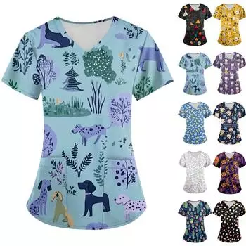 Женская Свободная Униформа с короткими рукавами и V-образным вырезом и карманами с рисунком из мультфильмов животных XL