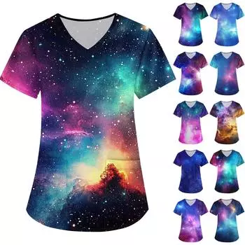 Женская Свободная Униформа с V-образным вырезом, карманом и короткими рукавами, с принтом «Небо» L чёрный