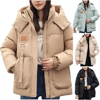 Женская свободная утолщенная хлопковая куртка с капюшоном, хлопковая куртка, теплая и модная повседневная хлопковая куртка L чёрный