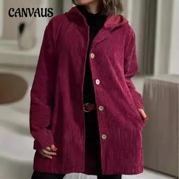 Женская свободная вельветовая куртка большого размера с капюшоном на осень и зиму S бордовый