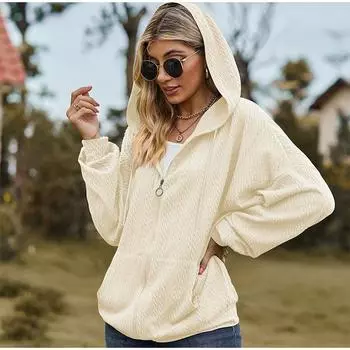 Женская свободная верхняя одежда с капюшоном и V-образным вырезом на молнии чистого цвета S чёрный