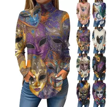 Женская свободная водолазка с принтом «Карнавал» с длинным рукавом, футболка, топ, джемпер L бежевый