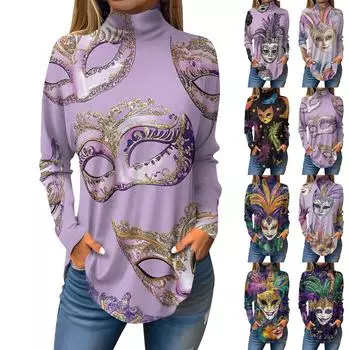 Женская свободная водолазка с принтом «Карнавал» с длинным рукавом, футболка, топ, джемпер L темно-фиолетового