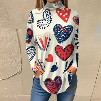 Женская свободная водолазка с принтом ко Дню святого Валентина, футболка с длинными рукавами, топ и джемпер L бежевый