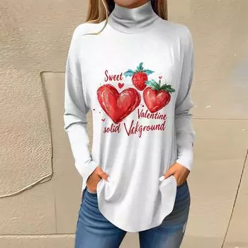 Женская свободная водолазка с принтом ко Дню святого Валентина, футболка с длинными рукавами, топ и джемпер L бежевый