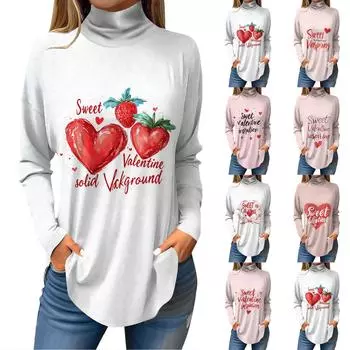 Женская свободная водолазка с принтом ко Дню святого Валентина, футболка с длинными рукавами, топ и джемпер L бежевый