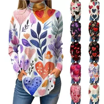 Женская свободная водолазка с принтом ко Дню святого Валентина, футболка с длинными рукавами, топ и джемпер L бежевый