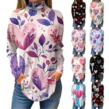 Женская свободная водолазка с принтом ко Дню святого Валентина, футболка с длинными рукавами, топ и джемпер L бежевый