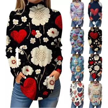 Женская свободная водолазка с принтом ко Дню святого Валентина, футболка с длинными рукавами, топ и джемпер L бежевый