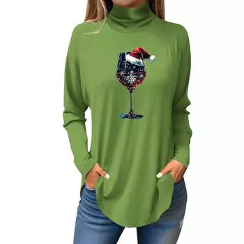 Женская свободная водолазка с рождественским принтом, футболка с длинными рукавами, топ и джемпер L армия зеленый