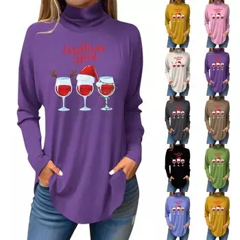 Женская свободная водолазка с рождественским принтом, футболка с длинными рукавами, топ и джемпер L