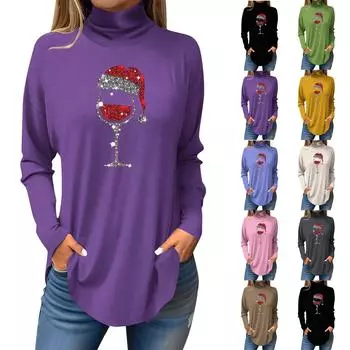 Женская свободная водолазка с рождественским принтом, футболка с длинными рукавами, топ и джемпер S хаки