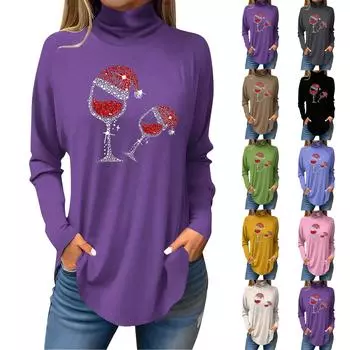 Женская свободная водолазка с рождественским принтом, футболка с длинными рукавами, топ и джемпер L армия зеленый