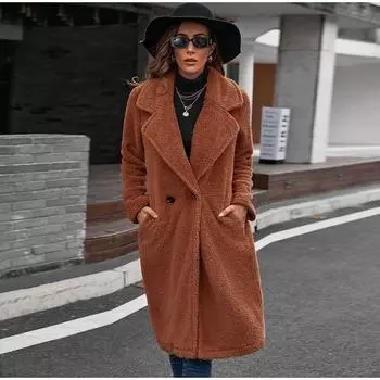 Женская свободная зимняя флисовая куртка с отложным воротником, длинный рукав, повседневное однотонное длинное легкое пальто S коричневый