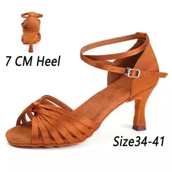 Женская танцевальная обувь для бальных танцев, латиноамериканского танго, вальса, атласная танцевальная обувь на каблуке 7 см 34 коричневый