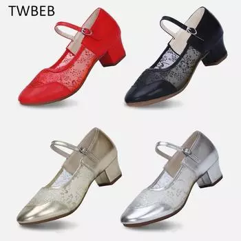 Женская танцевальная обувь для девочек, обувь для танго, квадратные танцевальные туфли, сетчатая танцевальная обувь для сальсы, сандалии с закрытым носком, туфли для улицы из мягкого серебристого цвета 34 красный