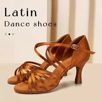 Туфли для латиноамериканских танцев для девочек и женщин, на высоком каблуке, танго, вальс, ча-ча, для бала, вечеринки, каблук 7,5 см 34 коричневый