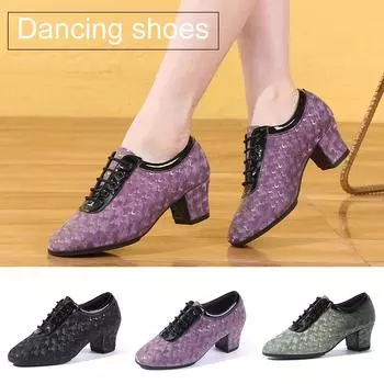 Женская танцевальная обувь для взрослых, квадратная танцевальная обувь на среднем каблуке с мягкой подошвой, обувь для латинских танцев, матросская танцевальная обувь на каблуке 5 см Type A-5CM-34 чёрный