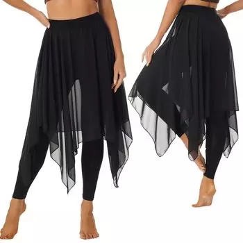 Женская танцевальная юбка Асимметричный шифон Лирические танцевальные костюмы Леггинсы Юбки Брюки Сценический костюм Обучение балетным танцам 3XL чёрный