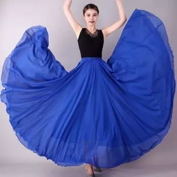 Женская танцевальная юбка, газовая шифоновая юбка, однотонная, с эластичной талией, многослойная, с большим струящимся подолом 90cm королевский синий