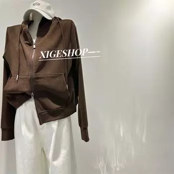 Женская темно-серая толстовка с капюшоном и воротником-стойкой: Мягкая, свободная, облегающая, повседневная куртка с двойной молнией на осень L кофейный