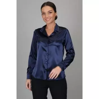 Женская темно-синяя атласная рубашка из лайкры с длинным рукавом для дома, высококачественная рубашка