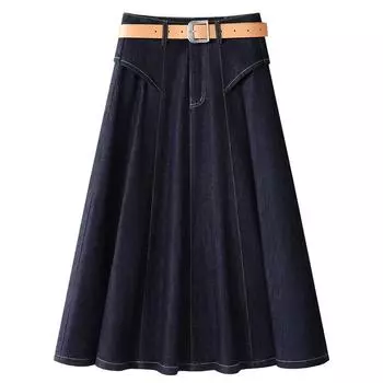 Женская темно-синяя джинсовая юбка миди А-силуэта - Коллекция Весна 2025, Высокая талия, Стройнящая драпировка, Стиль «зонт», Идеально для лета L темно-синий