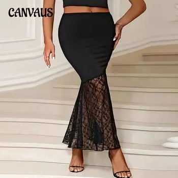 Женская темпераментная элегантная кружевная юбка-рыбий хвост большого размера с кружевом осенняя сексуальная юбка-пачка с вырезом на бедрах 1XL чёрный