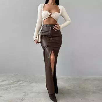 Женская темпераментная модная PU кожаная однотонная цветная сращивающаяся юбка с высокой талией и разрезом S белый