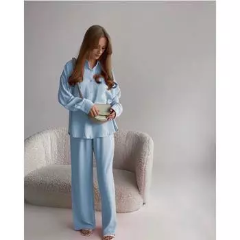 Женская темпераментная однотонная свободная рубашка с длинным рукавом и брюками с высокой талией, повседневный костюм S светло-синий