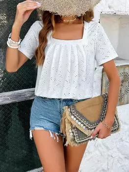 Женская темпераментная повседневная однотонная футболка с квадратным вырезом и короткими рукавами S белый