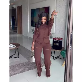 Женская темпераментная рубашка с длинными рукавами и широкими брюками с лацканами, повседневный костюм S темно-коричневого