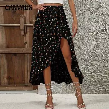 Женская темпераментная юбка в праздничном стиле с цветочным принтом больших размеров с деревянными ушками и высоким разрезом, А-силуэт средней длины 1XL