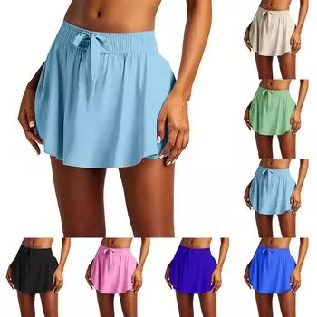 Женская теннисная юбка, летняя, эластичная, с высокой талией, на шнурке, короткая юбка для гольфа с разрезами (Встроенные шорты) XL чёрный