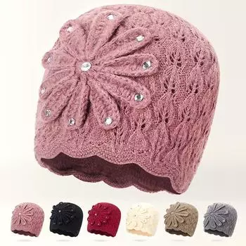 Женская теплая двухслойная шапка-бини с цветочным декором, вязаная шапка, вязаные шапки со стразами, мода чёрный