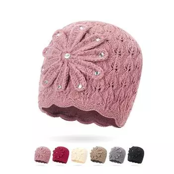 Женская теплая двухслойная шапка-бини с цветочным декором, вязаная шапка, вязаные шапки со стразами, мода чёрный