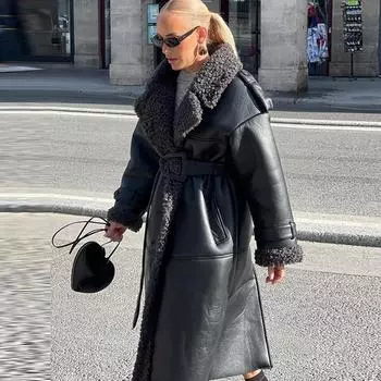Женская теплая кожаная куртка с толстыми лацканами, зимнее пальто из овечьей шерсти с длинными рукавами и карманами, однобортные уличные тренчи с поясом S чёрный