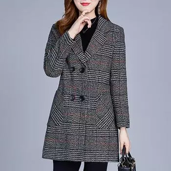 Женская теплая куртка больших размеров, зимнее элегантное пальто с воротником-стойкой в клетку, тонкое длинное пальто 5XL