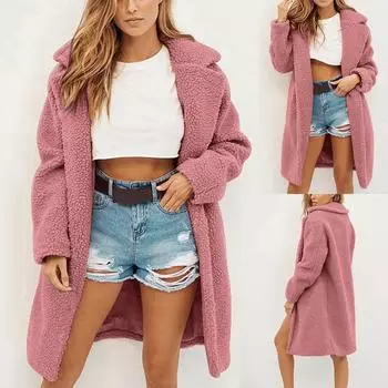 Женская теплая куртка из искусственного пальто, зимняя однотонная длинная верхняя одежда S розовый