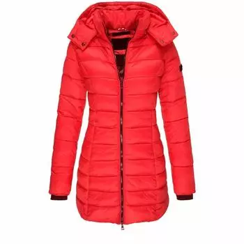 Женская теплая куртка средней длины с длинными рукавами и капюшоном, облегающая, на молнии L чёрный