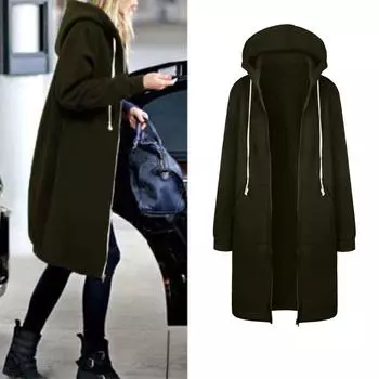 Женская теплая молния с открытым капюшоном, толстовка, длинное пальто, куртка, топы, верхняя одежда L армия зеленый