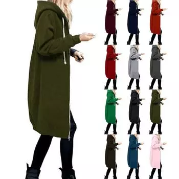 Женская теплая молния с открытым капюшоном, толстовка, длинное пальто, куртка, топы, верхняя одежда L армия зеленый