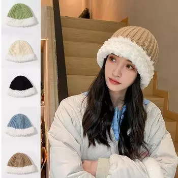 Женская теплая пушистая плюшевая панама, женская зимняя однотонная модная вязаная шапка, рыбацкая шапка, женская бежевый