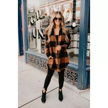 Женская теплая рубашка в клетку с длинным рукавом и лацканами средней длины на осень и зиму L чёрный