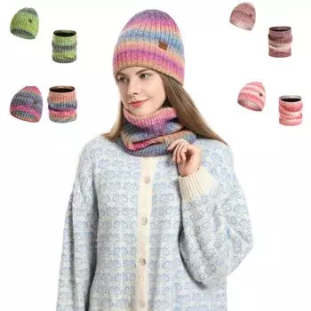 Женская теплая шерстяная шапка, вязаная из утолщенного бархата, взрослая шапка, шарф, комплект из двух предметов One Size хаки