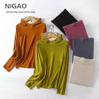 Женская теплая толстовка с капюшоном из бархата цвета имбиря: Универсальный однотонный топ на весну/осень L синий/серый