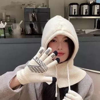 Женская теплая утепленная защитная шапка-балаклава, комплект из двух предметов для холодной улицы, вязаная милая шапка-перчатки One Size серый