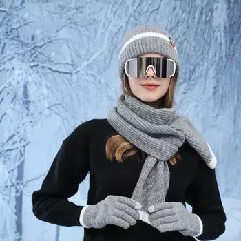 Женская теплая утепленная защитная шапка для ушей на осень и зиму, для езды на велосипеде, вязаная шапка, комплект из трех предметов, милая шапка, шарф, перчатки One Size хаки/глубокий