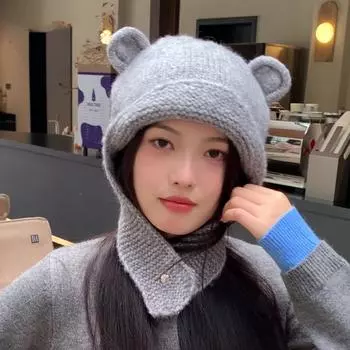 Женская теплая утепленная защитная шапка для ушей на осень и зиму, вязаная шапка-бомбер для улицы, милая милая шапка с маленьким медвежонком Lei Feng One Size хаки